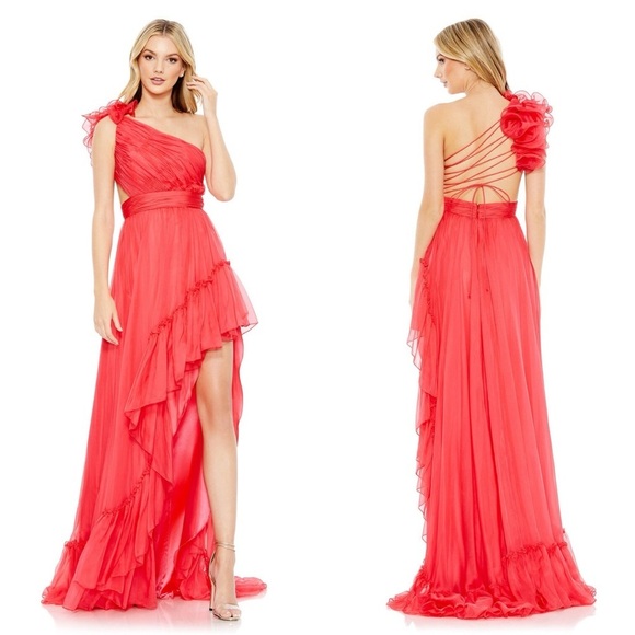 NWT Mac Duggal 67989 Red Ruffled One Shoulder Asymmetrical Gown Size 0 - Picture 1 of 12